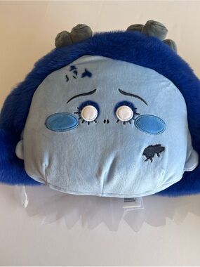 Russ Corpse Bride Blue Plush Sad Face Character Pillow with Dark Blue Fur Hair